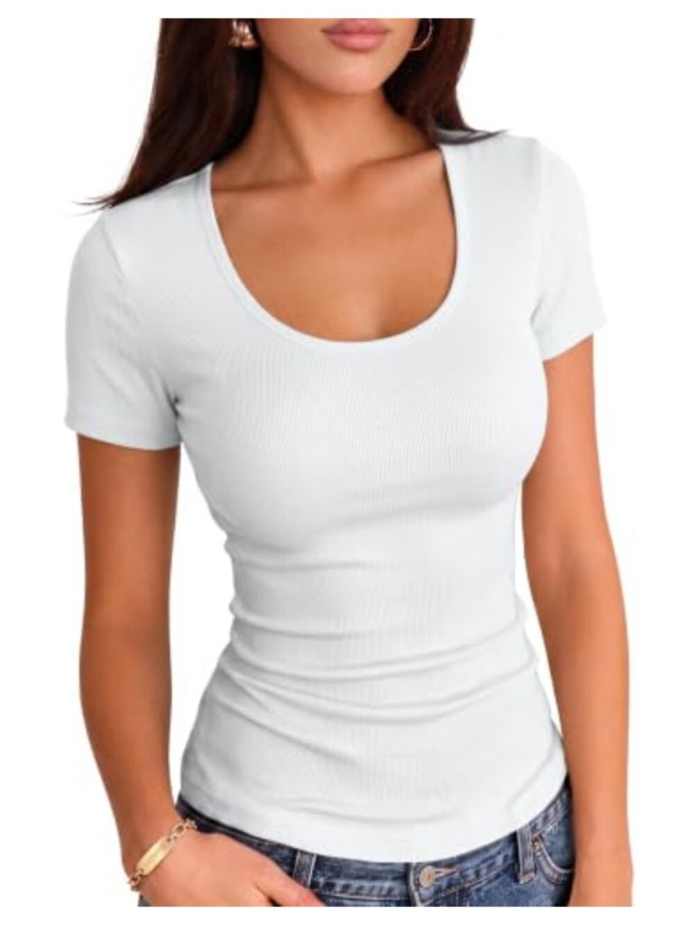Women Scoop Neck Ribbed Knit Short Sleeve Slim Fitted T-Shirt Top
